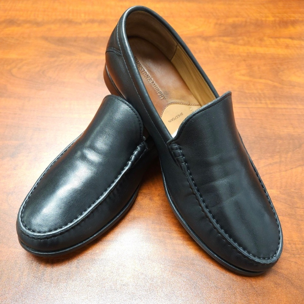 Johnston & Murphy Mens Black Leather Sheepskin Loafers Shoes 10M 20-4471 H21
